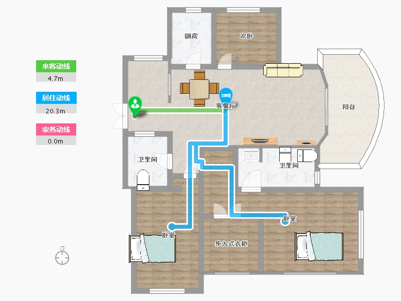 江苏省-苏州市-万宇名都花园F1户型160m²-128.16-户型库-动静线