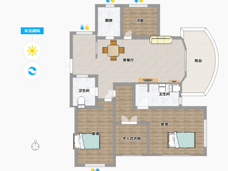 江苏省-苏州市-万宇名都花园F1户型160m²-128.16-户型库-采光通风