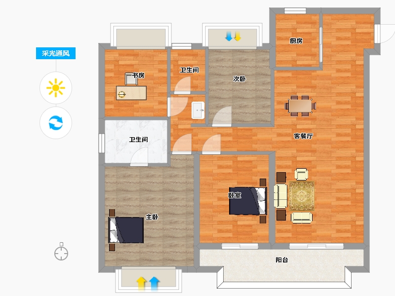 江苏省-苏州市-旭辉和风7,8栋A户型125m²-100.00-户型库-采光通风