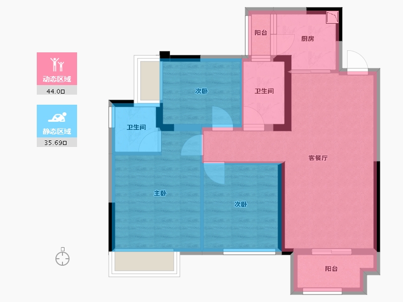 四川省-成都市-润扬观澜鹭岛三期C1户型96m²-70.47-户型库-动静分区