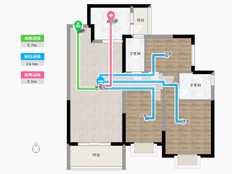 湖南省-长沙市-长沙恒大文化旅游城48栋，03户型建面126m²-95.74-户型库-动静线