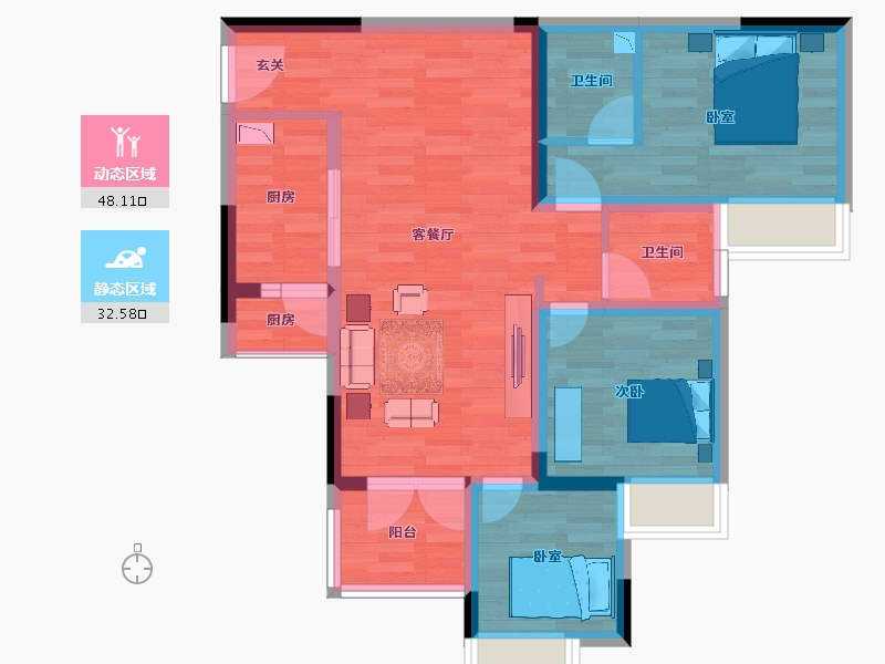 重庆-重庆市-弘阳昕悦府32号楼建面98m²-70.81-户型库-动静分区