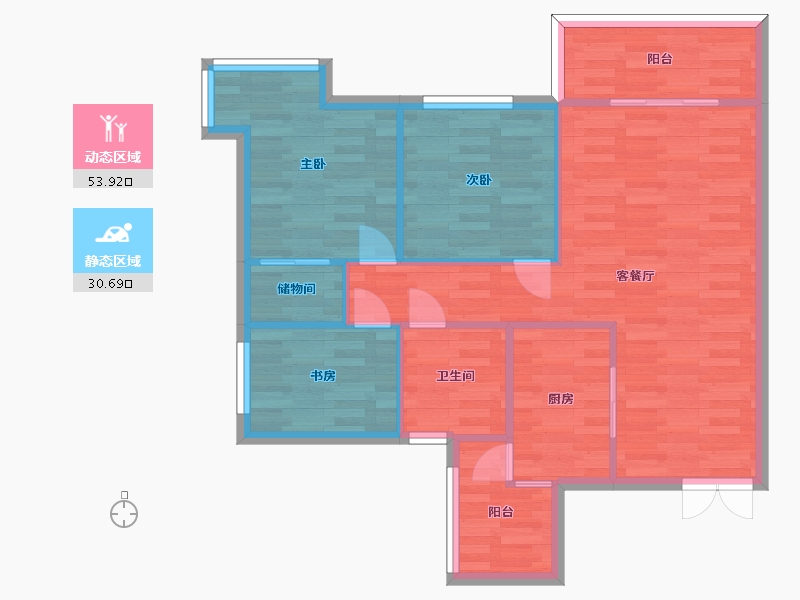 重庆-重庆市-阳光100阿尔勒高层G1栋,高层G2栋建面102.47m2套内76m2-76.00-户型库-动静分区