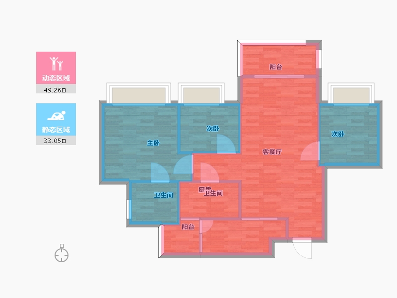 重庆-重庆市-旭辉江山青林半1号地洋房4号楼,3号地块2号楼建面91m2套内74m2-74.00-户型库-动静分区