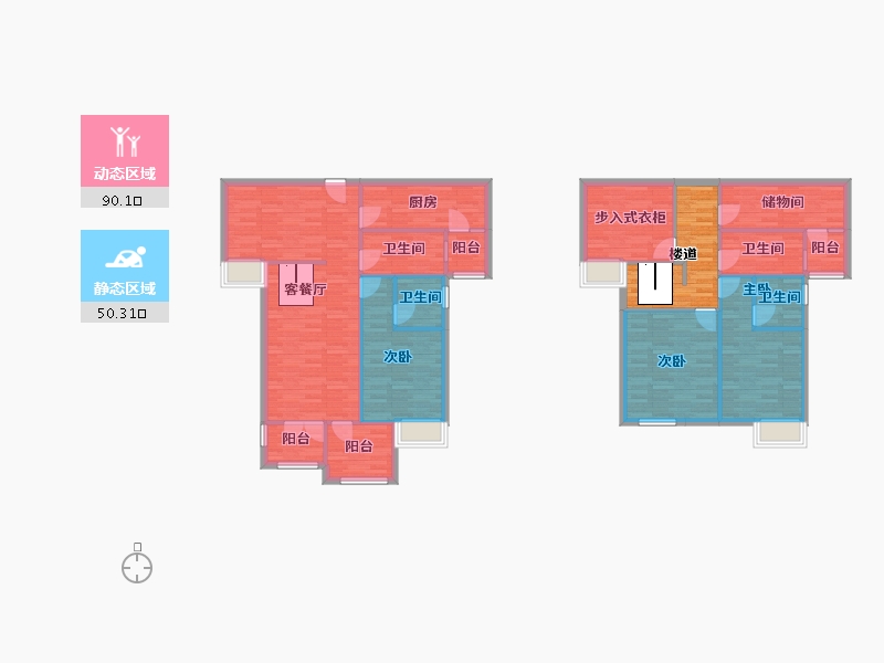 重庆-重庆市-恒大轨道时代4号楼,5号楼套内147m²-136.86-户型库-动静分区