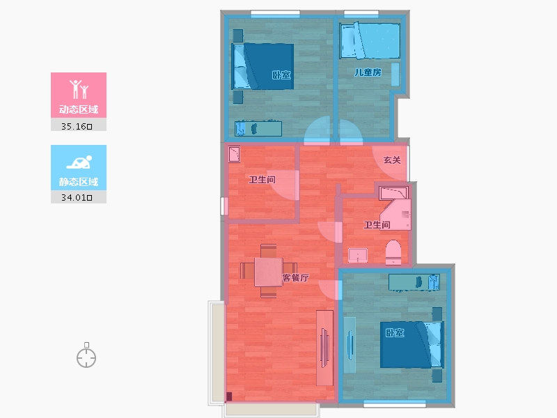 北京-北京市-城市之光东望一期3,2,4,6建面90m²-61.05-户型库-动静分区