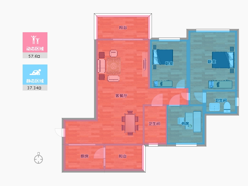 重庆-重庆市-祥瑞城G5-G7号楼C户型99.44m²-85.00-户型库-动静分区