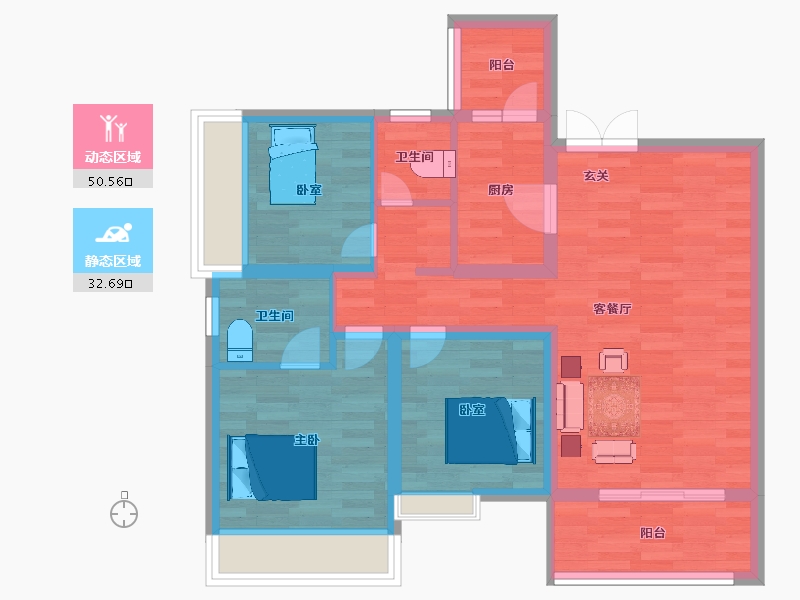 重庆-重庆市-海成天生别院13号楼98.50m²-73.54-户型库-动静分区