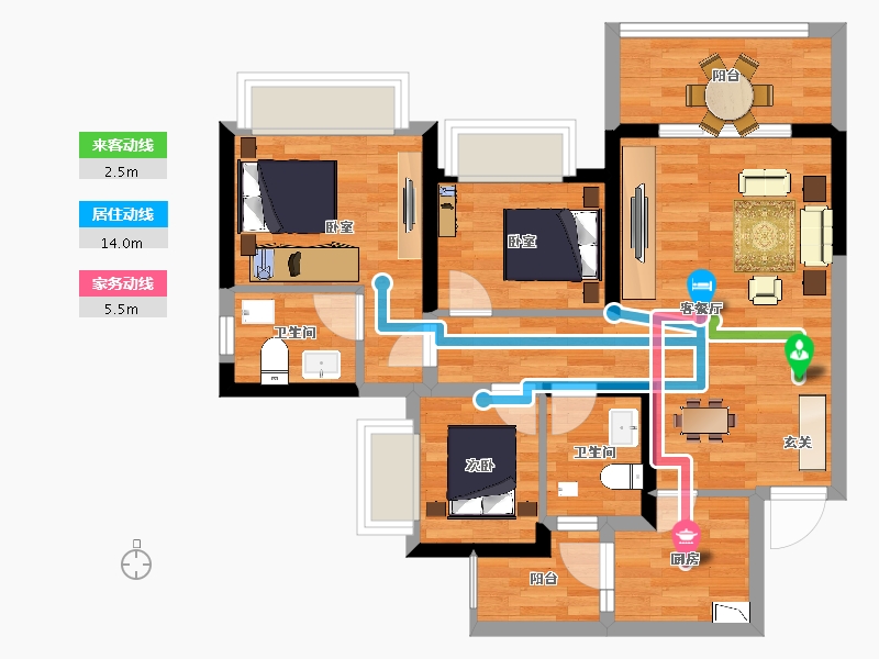 重庆-重庆市-蓝光雍锦府2号楼90m²-67.39-户型库-动静线