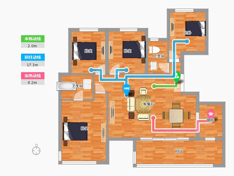 重庆-重庆市-城海滨江春城E户型125m²-107.35-户型库-动静线