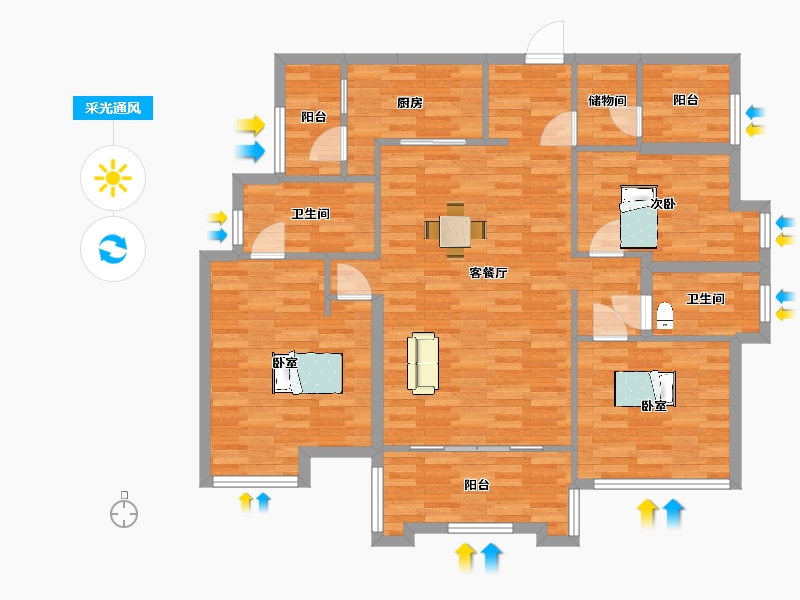 广东省-广州市-品秀星图01户型134m²-107.00-户型库-采光通风