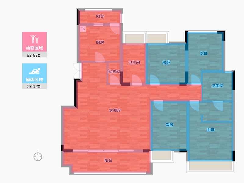 重庆-重庆市-鹏润鹿山台4期5号楼,7号楼套内132m²-124.49-户型库-动静分区