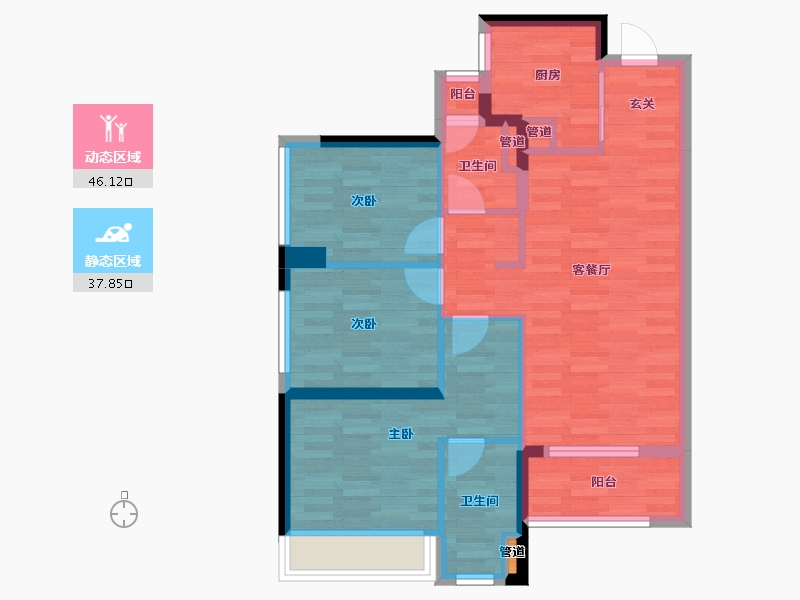 重庆-重庆市-万科彩云湖1号楼,7号楼,8号楼,9号楼98m²-74.38-户型库-动静分区