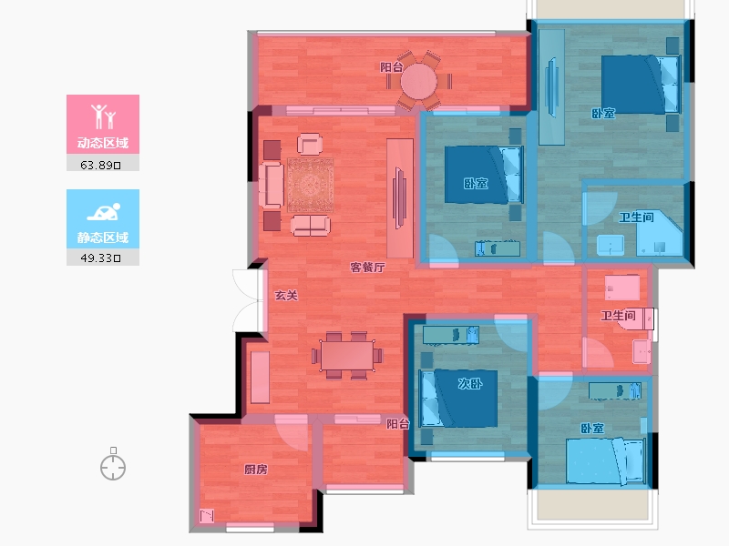 重庆-重庆市-金科天壹府7,28,96,25。122.99m²-100.49-户型库-动静分区