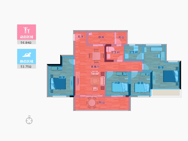 重庆-重庆市-金科天壹府8,2,3幢,11幢129.70m²-98.04-户型库-动静分区