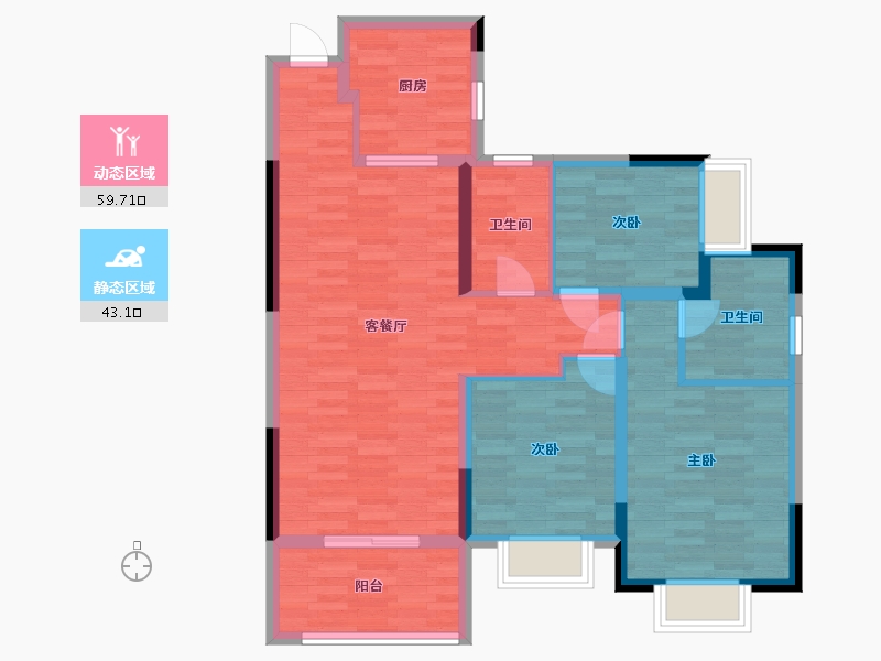 重庆-重庆市-恒大新城3号房户型高层6号楼套内0m2-91.55-户型库-动静分区