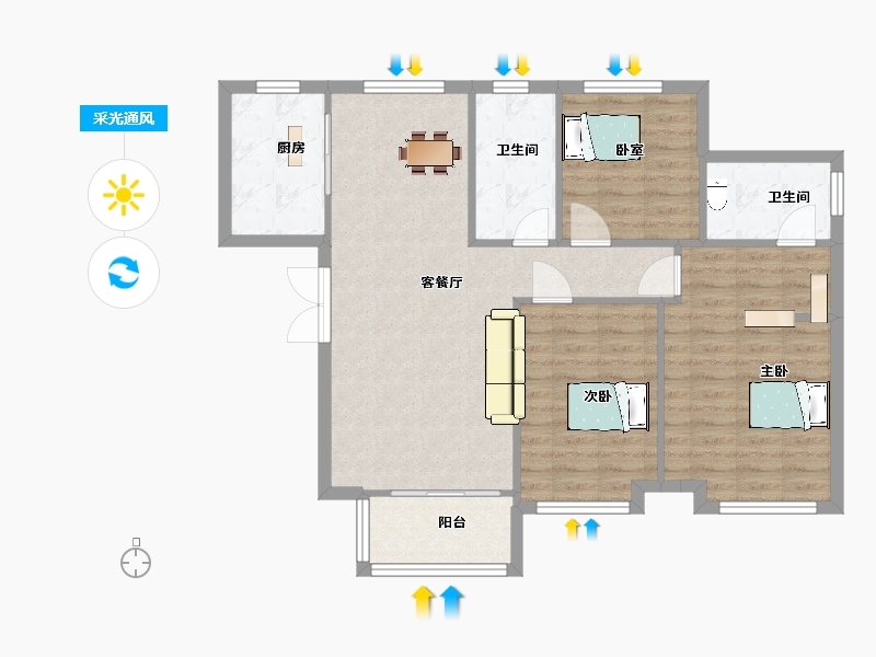 陕西省-西安市-陆港滨海湾126㎡-90.91-户型库-采光通风