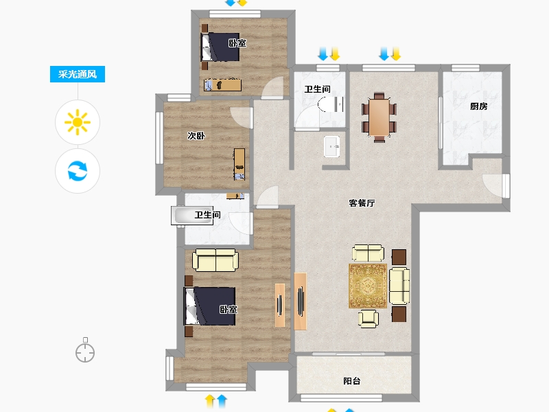 陕西省-西安市-陆港滨海湾128㎡-89.53-户型库-采光通风