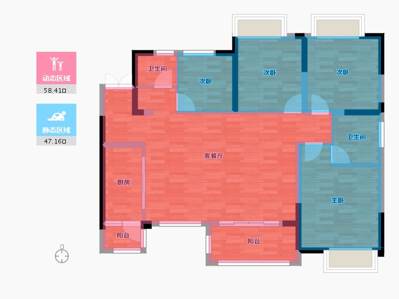 重庆-重庆市-天泰钢城印象A区4号楼101m²-94.66-户型库-动静分区