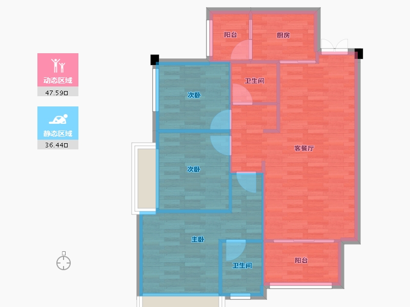 重庆-重庆市-天泰钢城印象79m²-76.33-户型库-动静分区