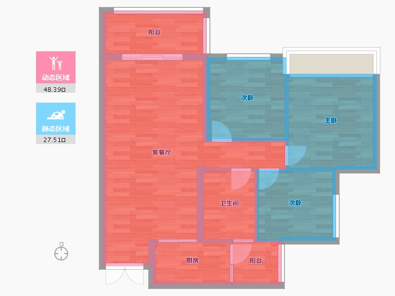 重庆-重庆市-天泰钢城印象A区5号楼68m²-68.00-户型库-动静分区