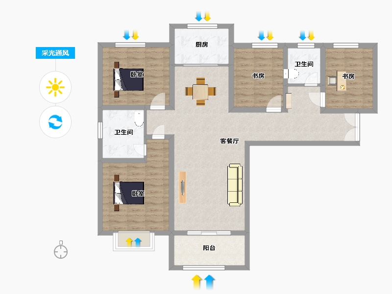 陕西省-西安市-恒志云都135㎡-108.00-户型库-采光通风