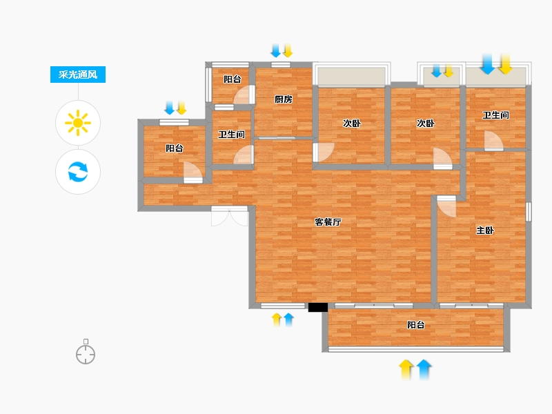 重庆-重庆市-首创天阅嘉陵23号楼套内128m²-126.29-户型库-采光通风