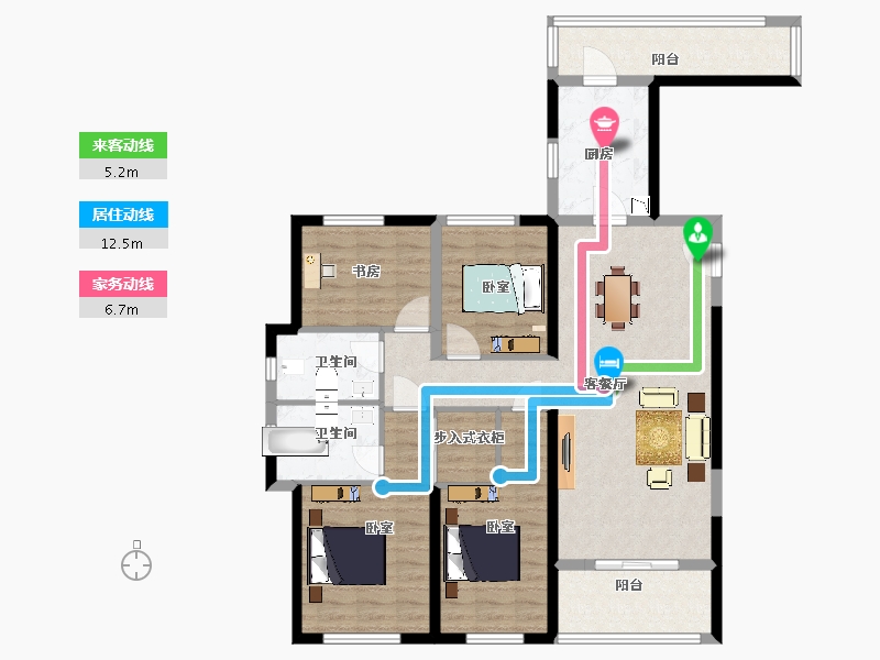 陕西省-西安市-滨江翡翠城60,61,64号楼E4户型125m²-109.76-户型库-动静线