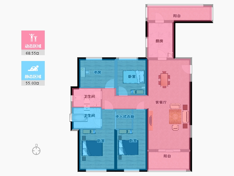 陕西省-西安市-滨江翡翠城60,61,64号楼E4户型125m²-109.76-户型库-动静分区