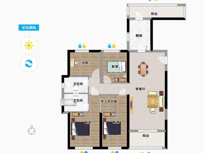 陕西省-西安市-滨江翡翠城60,61,64号楼E4户型125m²-109.76-户型库-采光通风