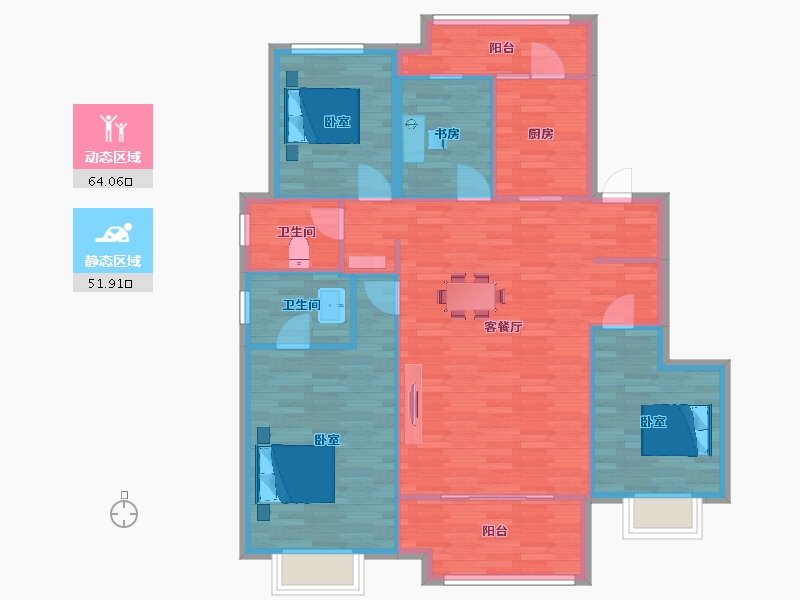 陕西省-西安市-新城悦隽公园里8号楼133㎡-105.62-户型库-动静分区