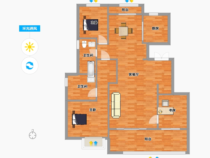 陕西省-西安市-融创桃源府11号楼,12号楼,19号楼131㎡-105.00-户型库-采光通风