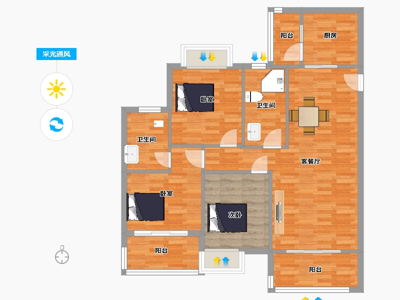 陕西省-西安市-鹿园华府117㎡-89.33-户型库-采光通风