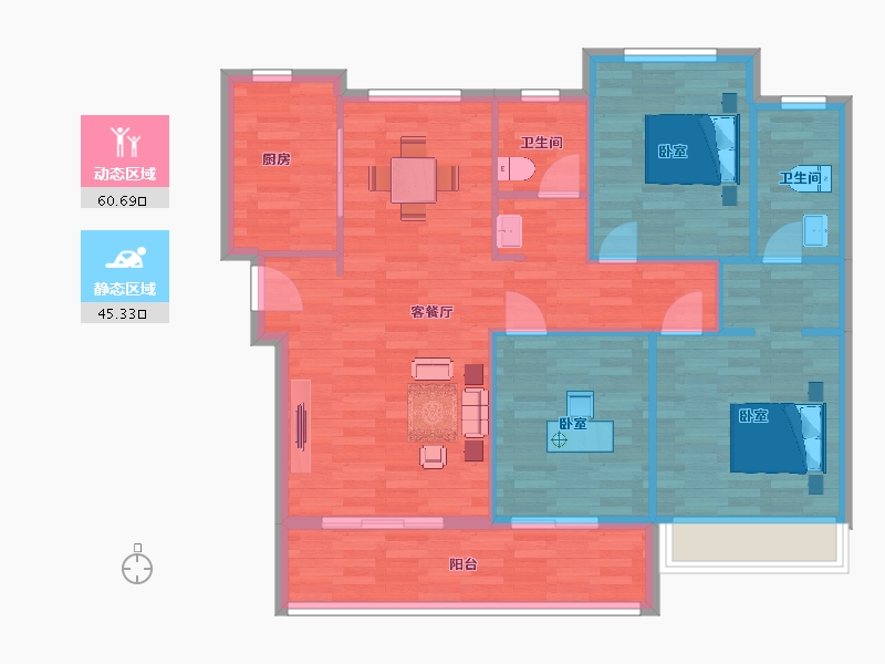 陕西省-西安市-华宇东原阅境8号楼,9号楼127㎡-96.72-户型库-动静分区