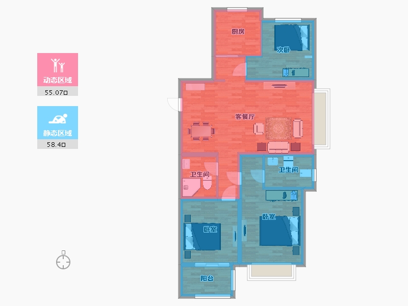 山东省-青岛市-海信湖岛世家二期6，8号楼A户型128m²-101.98-户型库-动静分区