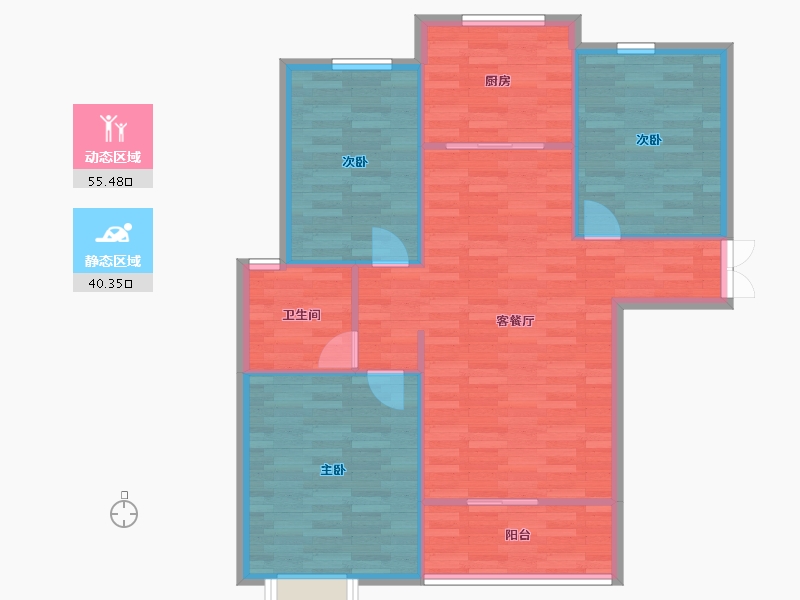 河南省-郑州市-明天香槟花园1号楼,2号楼110m²-88.01-户型库-动静分区