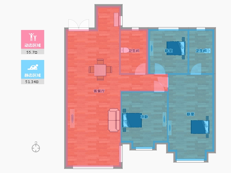 山东省-青岛市-新都朗悦2号楼,1号楼,3号楼B户型123m²-98.27-户型库-动静分区