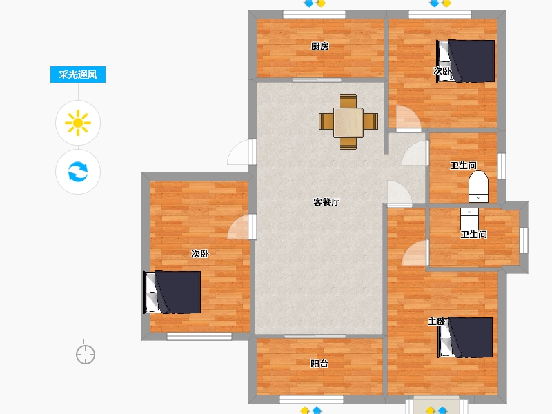 山东省-青岛市-西海岸花好月圆3号楼120m²-96.00-户型库-采光通风