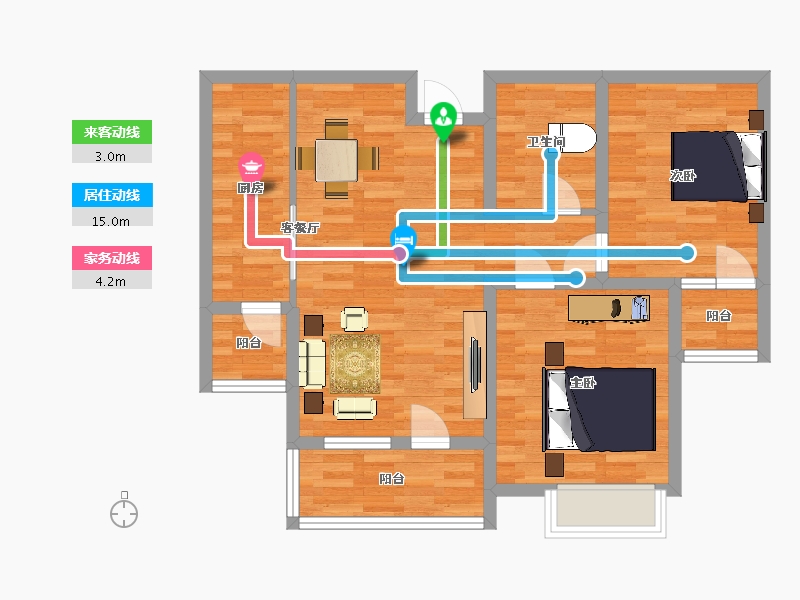 山东省-青岛市-兴华泉源山庄6，8，7号楼D户型95m²-77.43-户型库-动静线