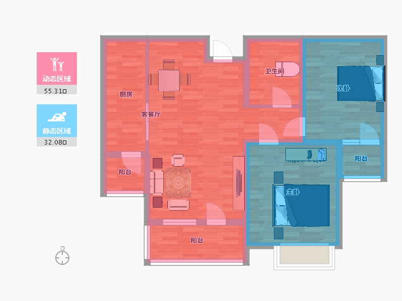 山东省-青岛市-兴华泉源山庄6，8，7号楼D户型95m²-77.43-户型库-动静分区