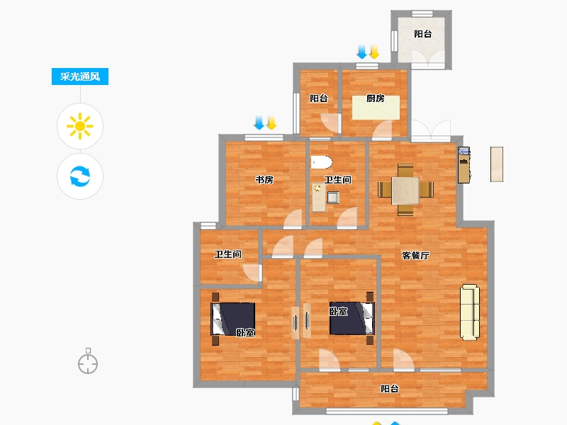 山东省-青岛市-万德麒麟公馆130㎡户型-102.40-户型库-采光通风