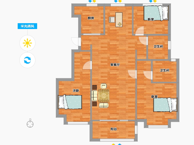 山东省-青岛市-青岛金地自在城14，19，9号楼A120m²-96.00-户型库-采光通风