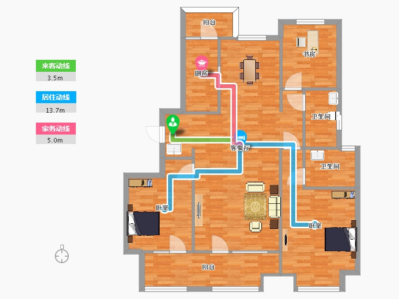 山东省-青岛市-昆仑首府15号楼C1户型125m²-100.33-户型库-动静线