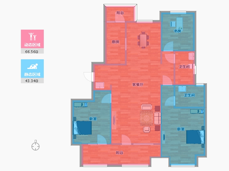 山东省-青岛市-昆仑首府15号楼C1户型125m²-100.33-户型库-动静分区