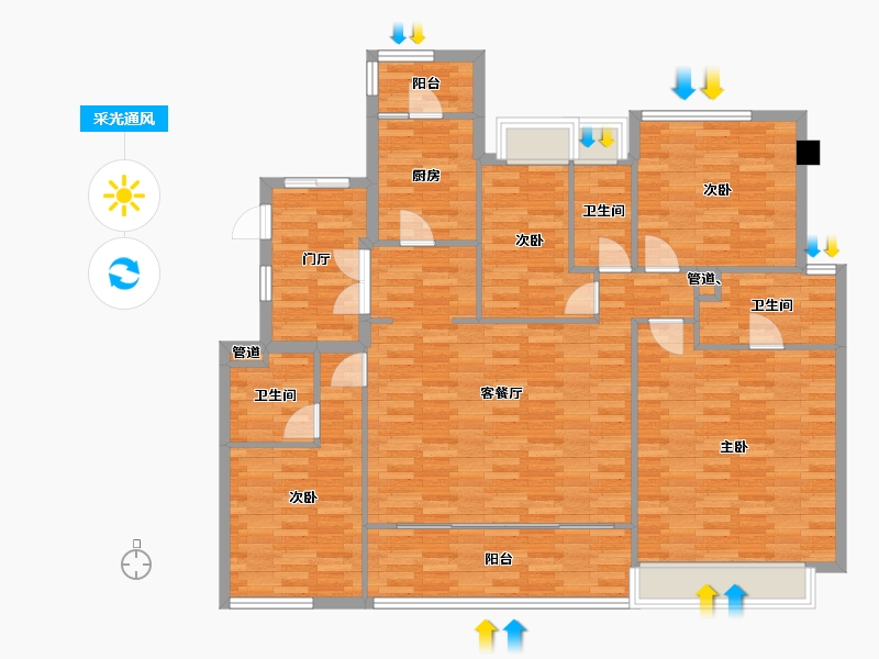 重庆-重庆市-桂语九里8号楼套内128m²-132.67-户型库-采光通风