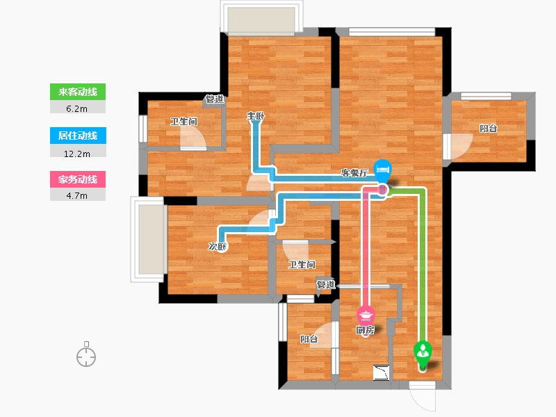 重庆-重庆市-华宇城二期M8地块2号楼,二期M8地块4号楼套内83m²-71.69-户型库-动静线