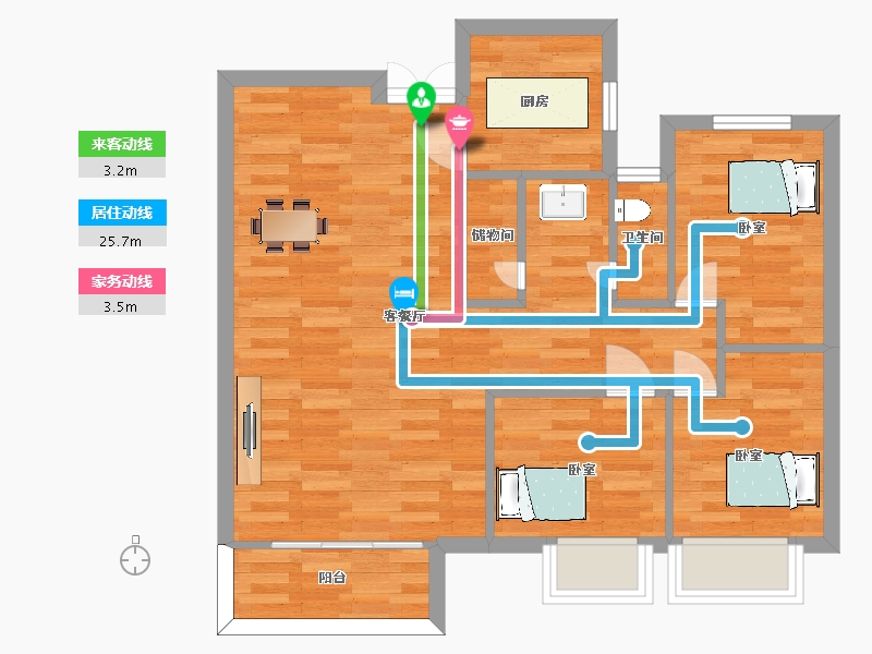 河南省-郑州市-永丰乐城公园里2号楼2-C-3户型88m²-70.40-户型库-动静线