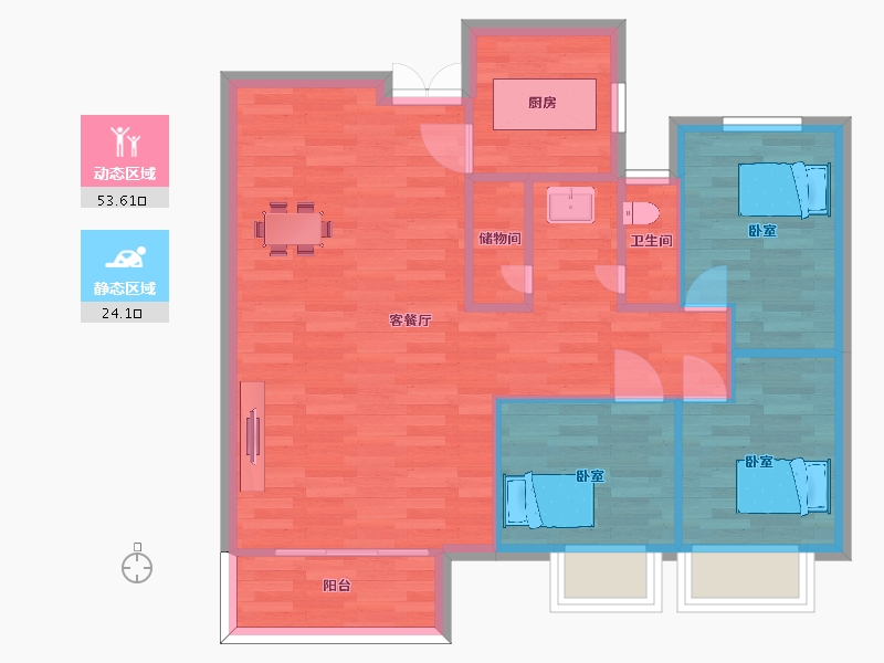 河南省-郑州市-永丰乐城公园里2号楼2-C-3户型88m²-70.40-户型库-动静分区