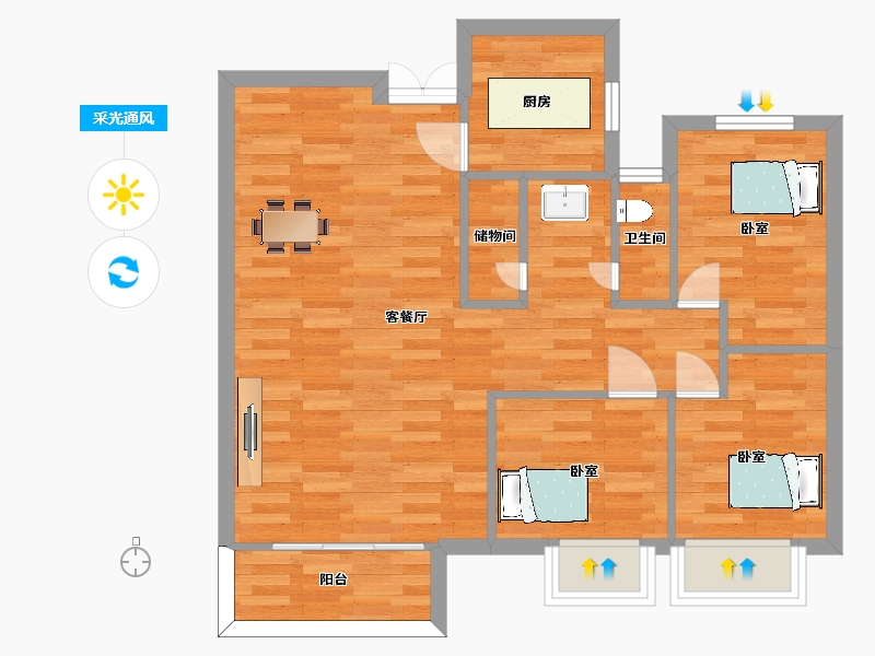 河南省-郑州市-永丰乐城公园里2号楼2-C-3户型88m²-70.40-户型库-采光通风