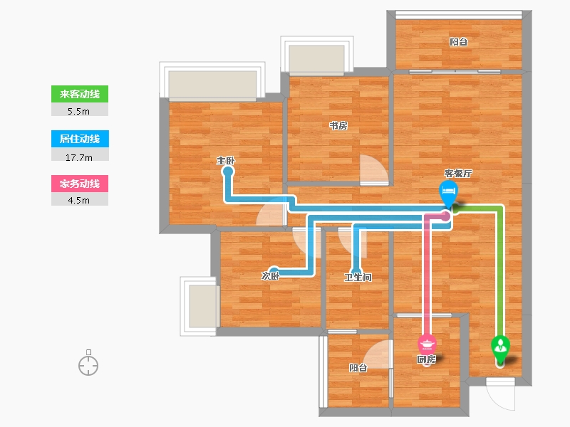 重庆-重庆市-富力院士廷1-11,2-7,2-8,2-9,2-10号楼套内75m²-73.03-户型库-动静线